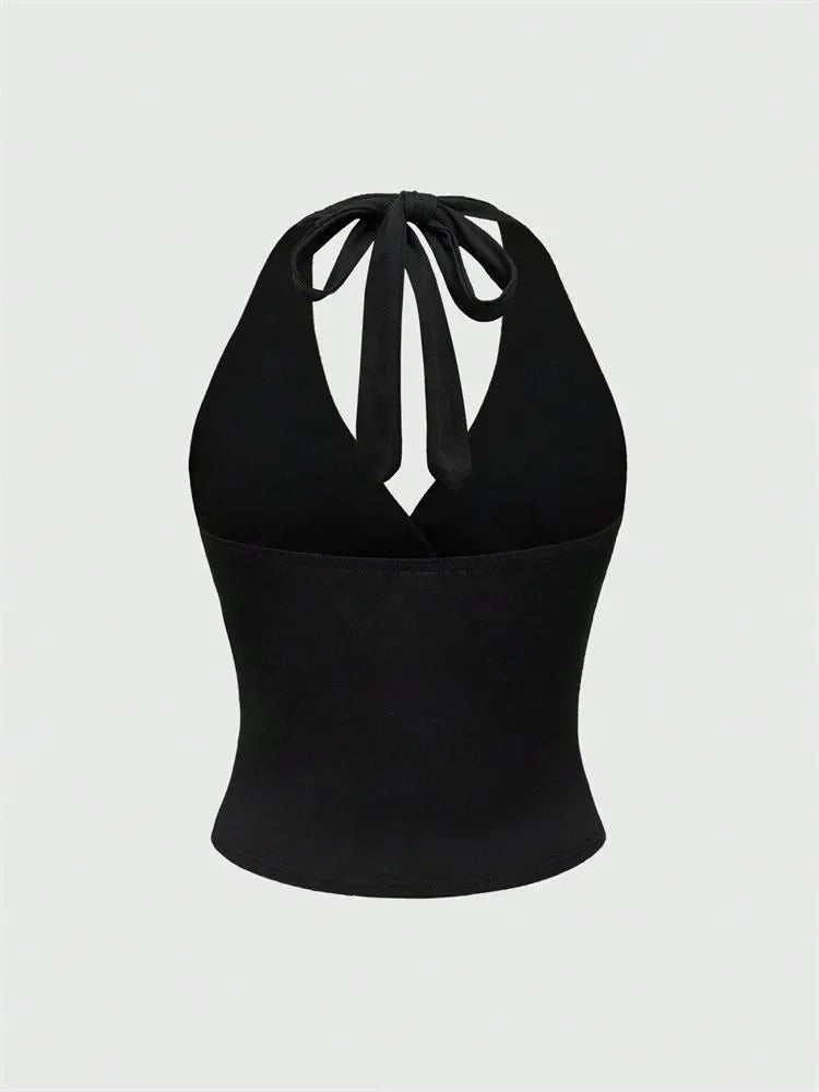 GETADME Leopard Printed V-neck Backless Halter Crop Top for Women Summer Sexy Y2K Sleeveless Ruched Top Streetwear