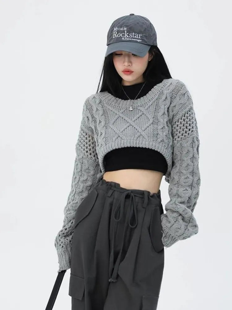 Getadme Early Autumn Hollow Out Short Jumper O-neck Long Sleeve Casual Sweaters Women Fashion Harajuku Solid Pullovers Femme Y2k Top