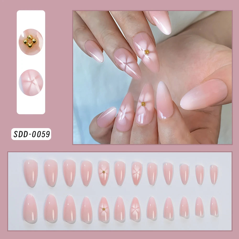 GETADME 24Pcs Almond Blue French Press On nails 3D Pearl Flower Medium Length False Nails Full Cover Artificial Acrylic Fake Nails Tips