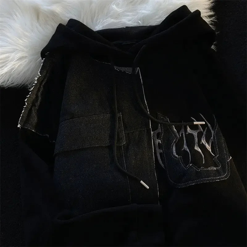 Getadme-American retro patch stitching hooded sweater men and women spring and autumn national tide couple long-sleeved loose shirt tide