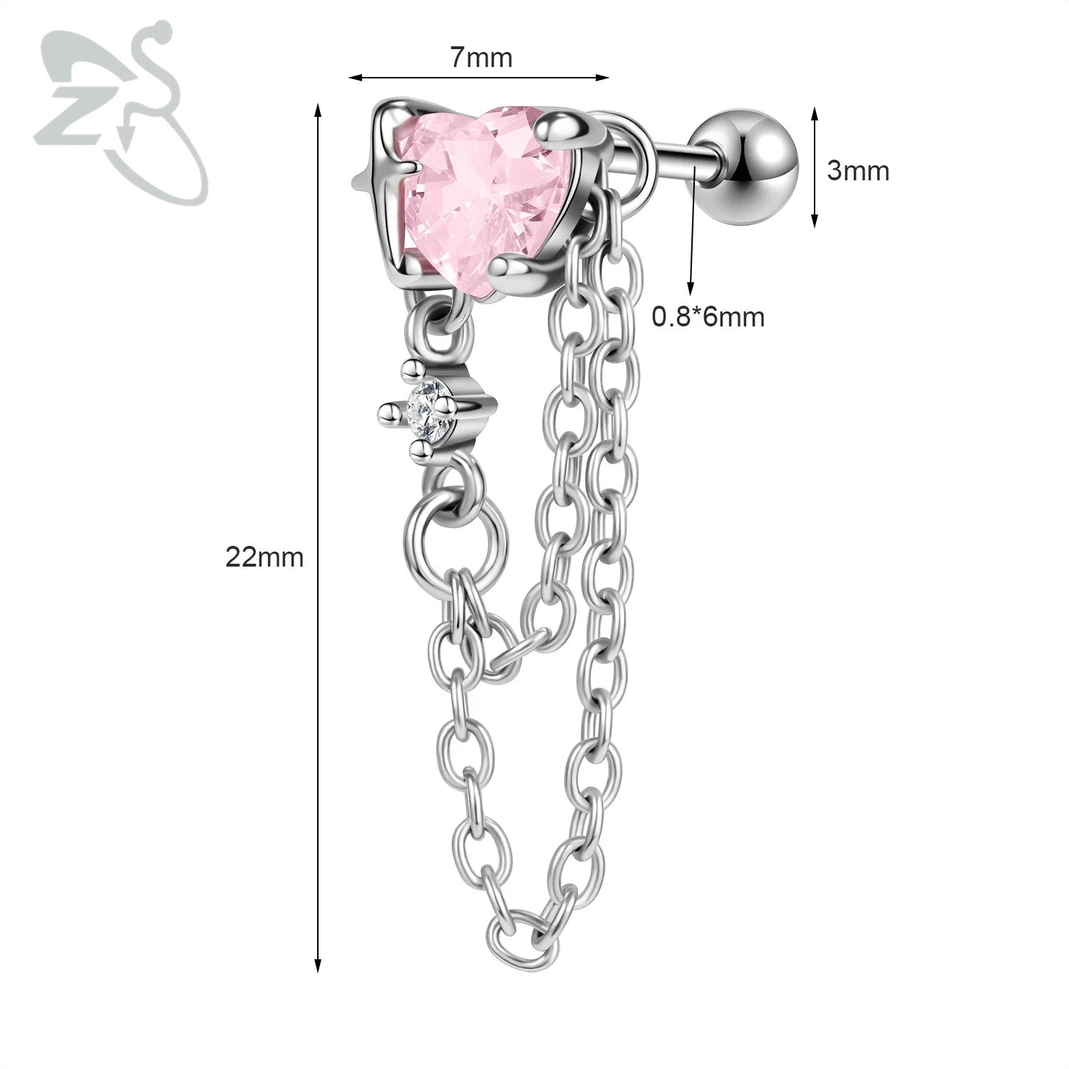 GETADME ZS 1 Piece 20G Cute Heart Stud Earring For Children Women Pink CZ Crystal Earrings Ear Cartilage Helix Conch Piercing Jewelry