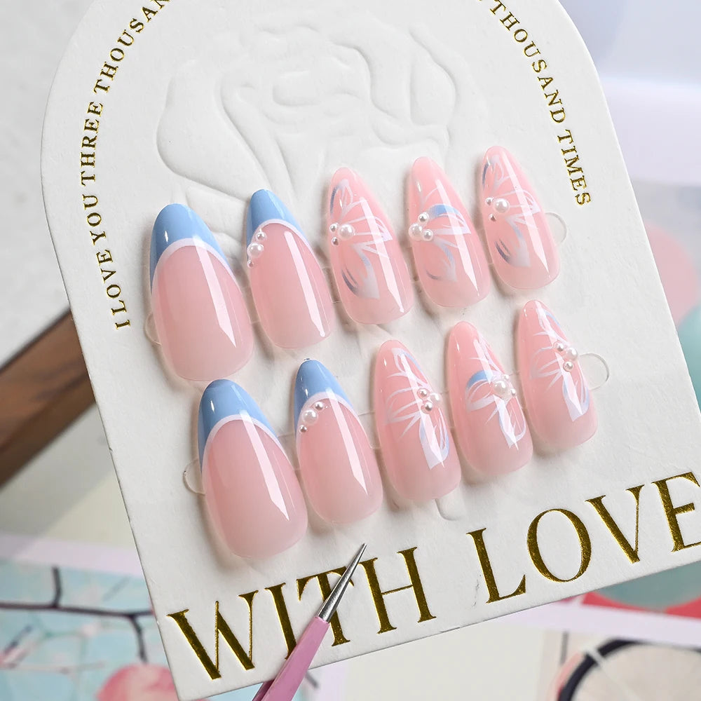 GETADME 24Pcs Almond Blue French Press On nails 3D Pearl Flower Medium Length False Nails Full Cover Artificial Acrylic Fake Nails Tips