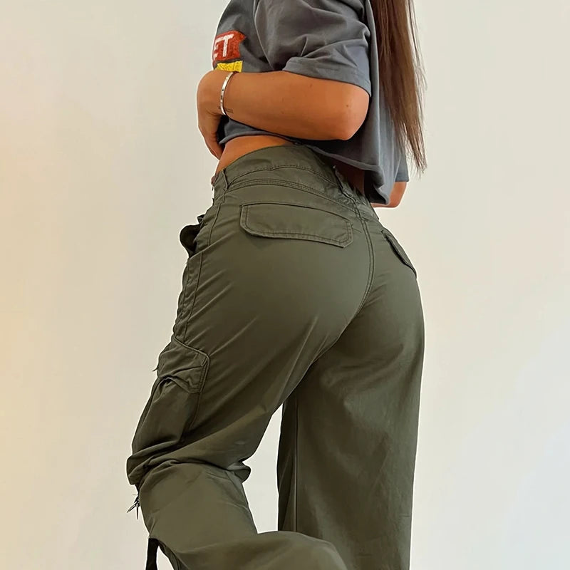 Getadme Rockmore Cargos Style Parachute Pants Low Waist Women Joggers Harajuku Pockets Baggy Wide Leg Trousers y2k Streetwear Casual