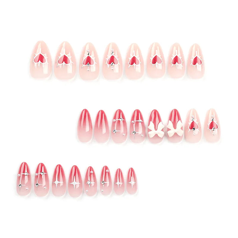 GETADME 24 PCs Valentine's Day Long Almond Shape Novelty Pearl Bow Love Nail with 1 File and 1 Jelly Glue