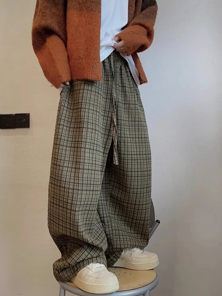GETADME Mauroicardi Spring Autumn Cool Oversized Long Flowy Baggy Wide Leg Pants for Mens Streetwear Loose Plaid Canvas Trousers 2025