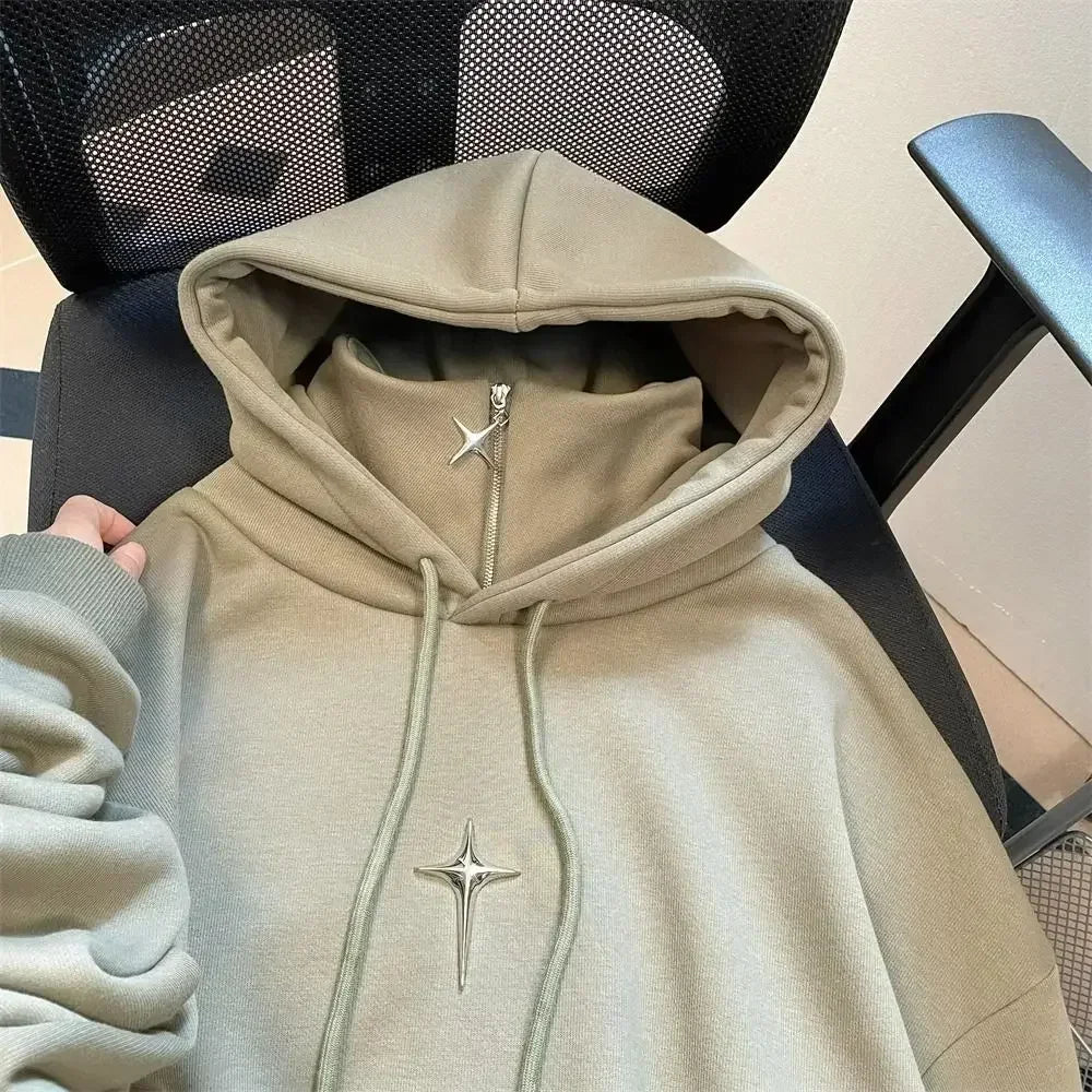 Getadme-American Style Retro Design Sense Four Pointed Star High Collar Hooded Sweater for Men and Women Trend Winter Thick Top Coat