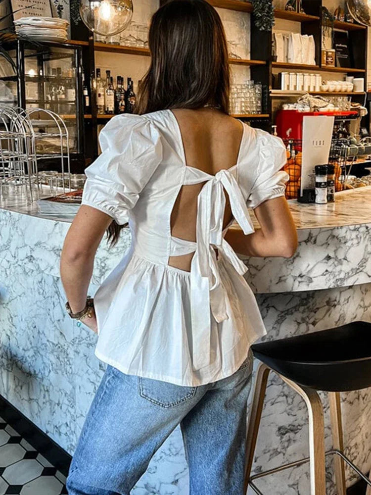 Getadme-Fashion Backless Short Sleeve Shirts For Women Casual Back Lace Up Tops 2024 Spring Summer Chic Ladies Shirt Loose Streetwear