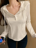 Getadme-Korean Style Slim Crop Hoodies Women Pullovers Kpop Solid Hooded Sweatshirt White Long Sleeve Tops  Autumn Fashion