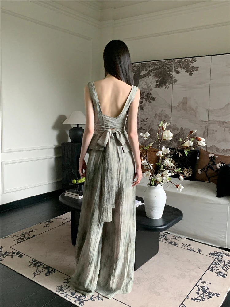 Retro Ink Green Two-Piece Set For Women's Summer Backless Strap Top With Diagonal Placket Design And Wide Leg Pants Set