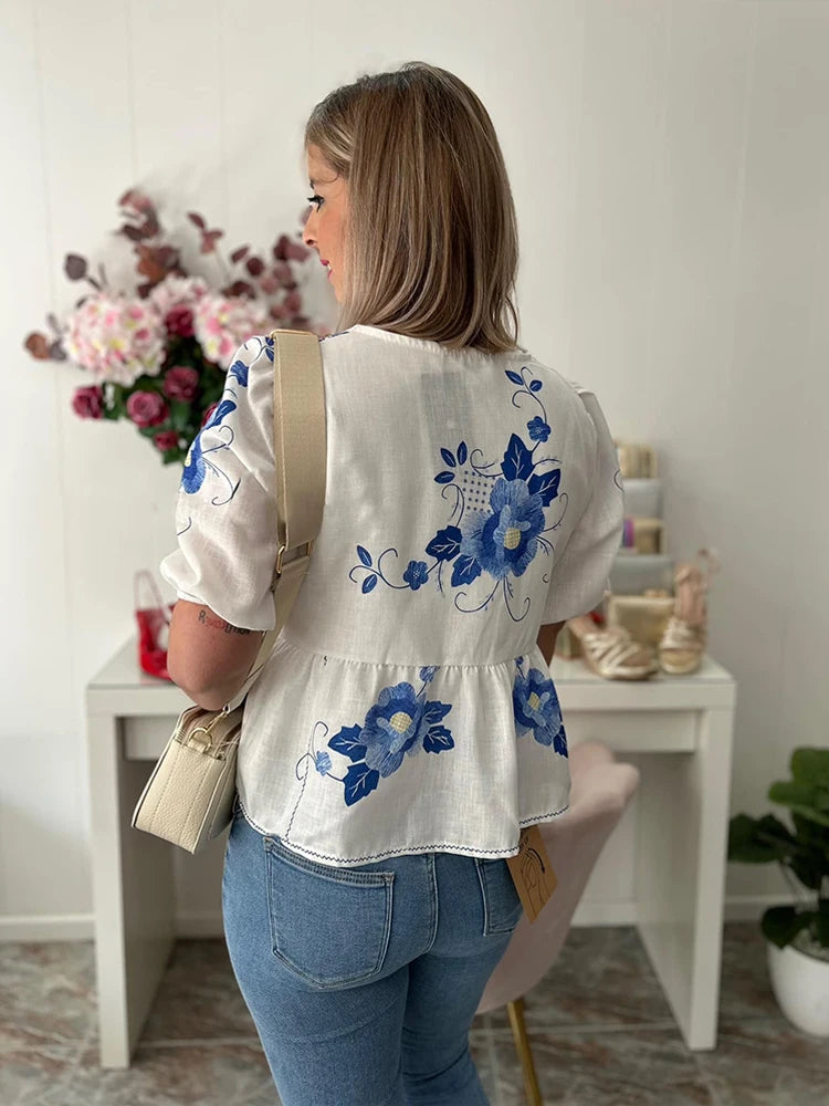 Getadme-Fashion Print Lace Up Shirt Women Sexy Hollow Out Puff Sleeve Female T-shirts 2024 Spring Summer Street Vacation Beach Lady Top