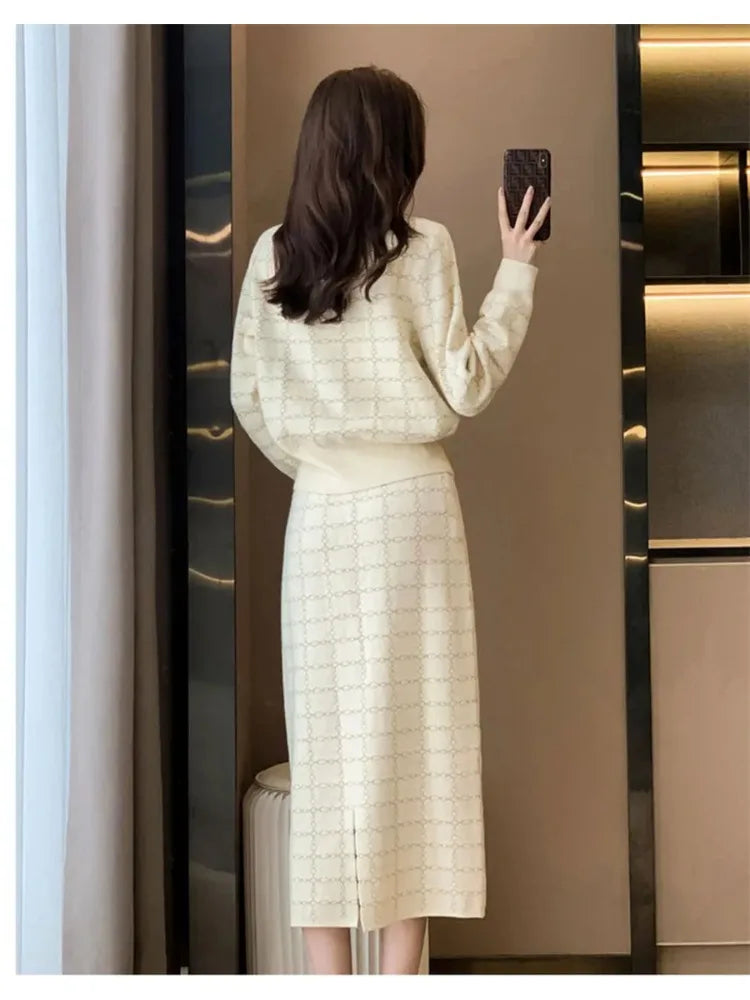 Getadme Elegant Half Turtleneck Plaid Sweaters Tops+slim High Waist Knitwear Skirts 2 Piece Sets Women New Streetwear Pullover Tracksuit