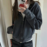 Getadme Vintage Zip Up Hoodies Women Autumn Winter Fleece Korean Fashion Gray Sweatshirt Hooded Aesthetic Streetwear Harajuku