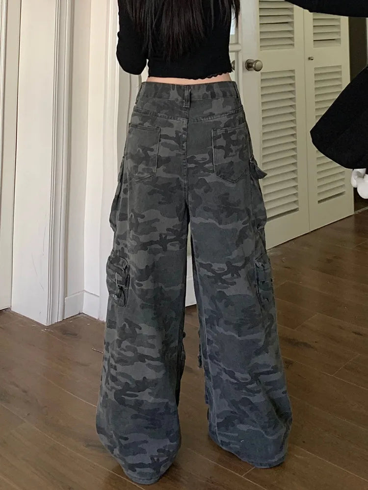 2024 Trashy Y2K Fashion Washed Camouflage Multi Pockets Baggy Jeans Cargo Pants For Women Clothes Wide Leg Loose Lady Trousers