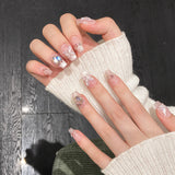 GETADME 10Pcs Reuse Finished Fake Nails with Butterfly Deisgn Pink Cat's Eye French Handmade Press on False Nails Wearable Nail Art Tips