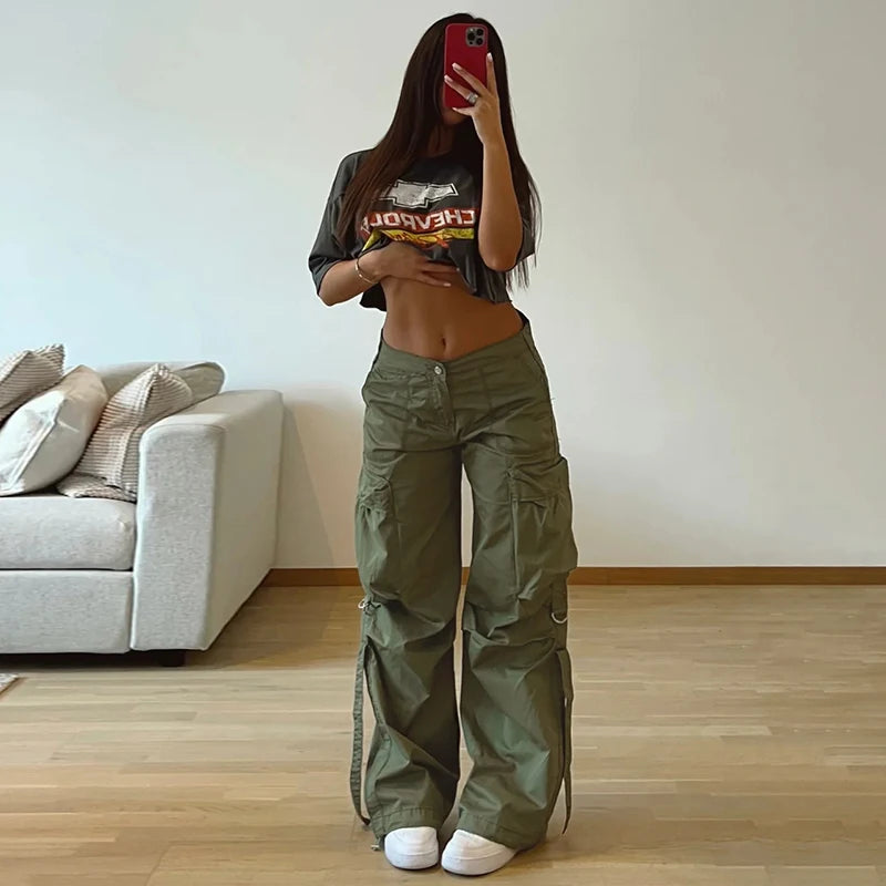 Getadme Rockmore Cargos Style Parachute Pants Low Waist Women Joggers Harajuku Pockets Baggy Wide Leg Trousers y2k Streetwear Casual