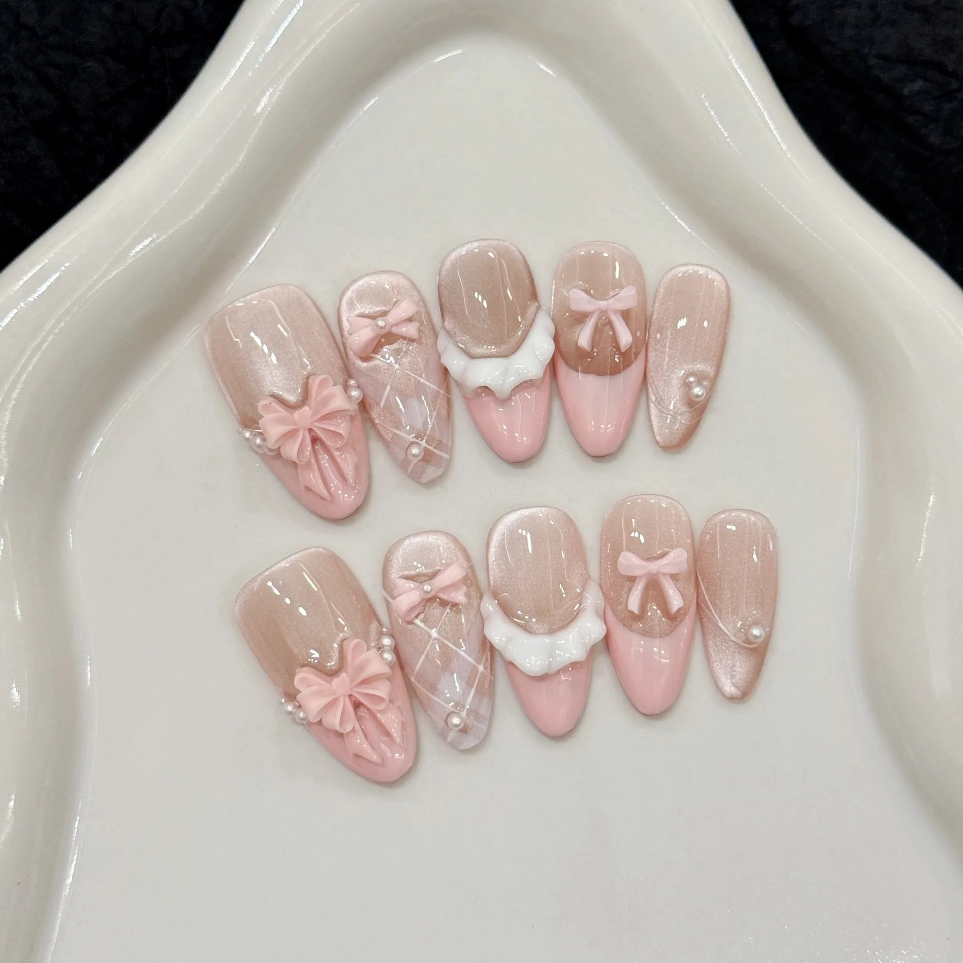 Getadme 10pcs Handmade Press on Nails French Cat Eye Pink Bow Decor Korean False Nails Wearable Full Cover Ins Almond False Nail Tips