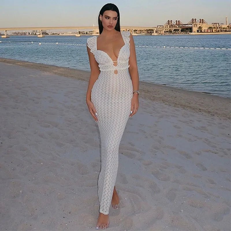 Getadme-Apricot Hollow Out Maxi Dress Women Sexy See Through Backless Slim Beach Dress Summer Fashion Ruffle Holiday Party Dress 2024