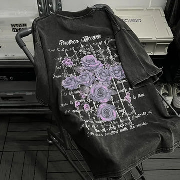 Getadme Purple Rose Romantic Retro Print Plus Size Women T-shirt Street Y2k Loose Trendy Fashion Lady Tops 2025 New Streetwear Clothing