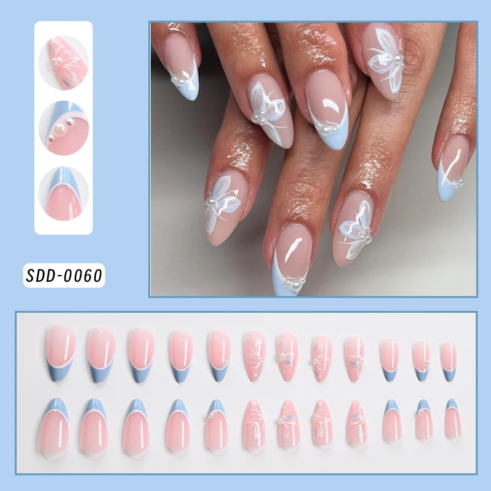 GETADME 24Pcs Almond Blue French Press On nails 3D Pearl Flower Medium Length False Nails Full Cover Artificial Acrylic Fake Nails Tips