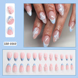 GETADME 24Pcs Almond Blue French Press On nails 3D Pearl Flower Medium Length False Nails Full Cover Artificial Acrylic Fake Nails Tips