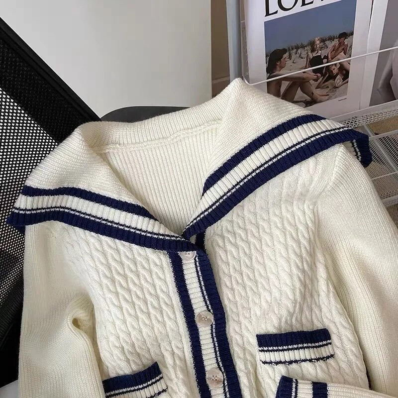 Getadme Women Preppy Style Sweater Cardigan Autumn Winter White Sailor Collar Knitted Coat Casual Loose Long-Sleeved Warm Jacket