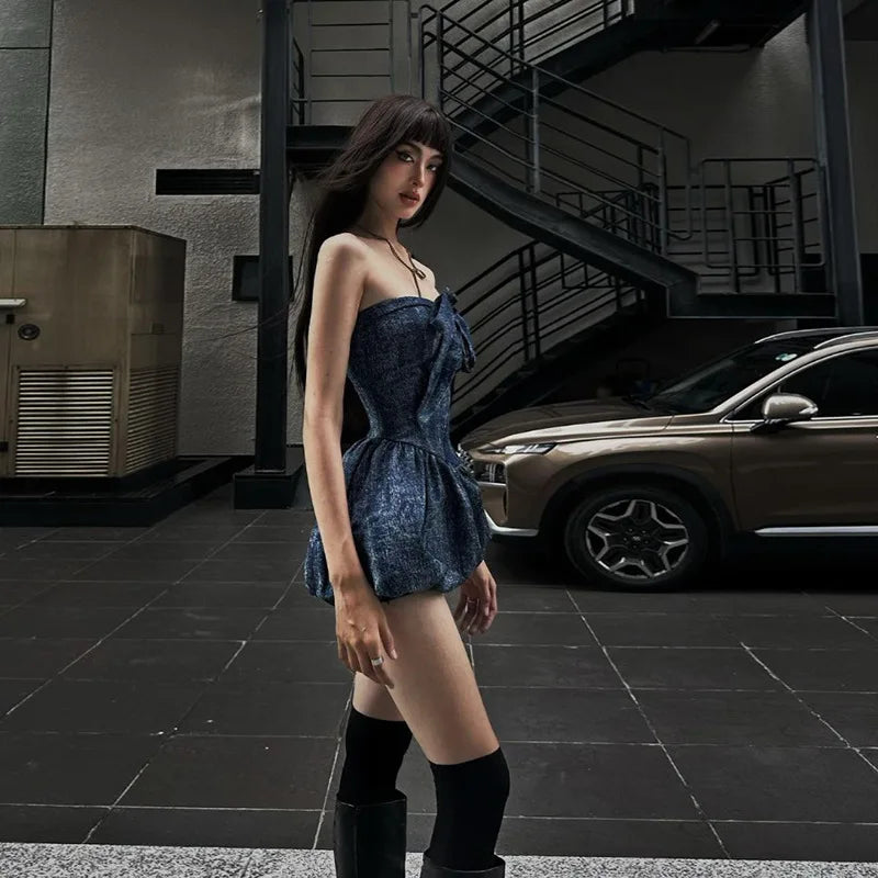 Sexy Bow Strapless Dresses for Summer Women's Dress 2024 new solid slim high waisted fashion Sleeveless Sexy Mini Dress Woman