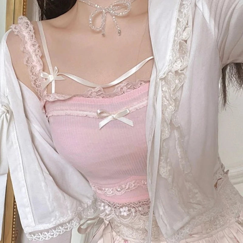 Pink Japanese Kawaii Lolita Crop Top Women White Korean College Style Sweet Tank Top Bow Lace France Princess Vset Female 2023