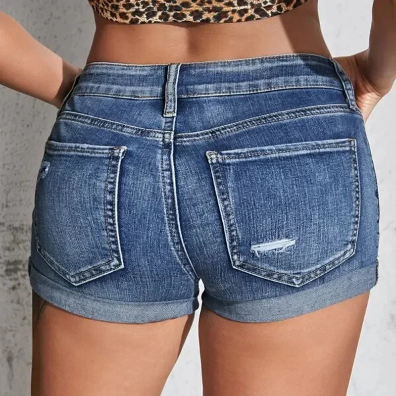 GETADME Women's Split Denim Shorts Summer Beach Wild Fashion Sexy Mid Waist Curled Cuff Perforated Elastic Slim Fit Casual Shorts
