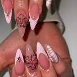 GETADME 24Pcs Mid-length 3D Flowers Design Fingertips Sweet Butterfly Yellow Ripple Almond False Nails Detachable Full Cover Press Ons
