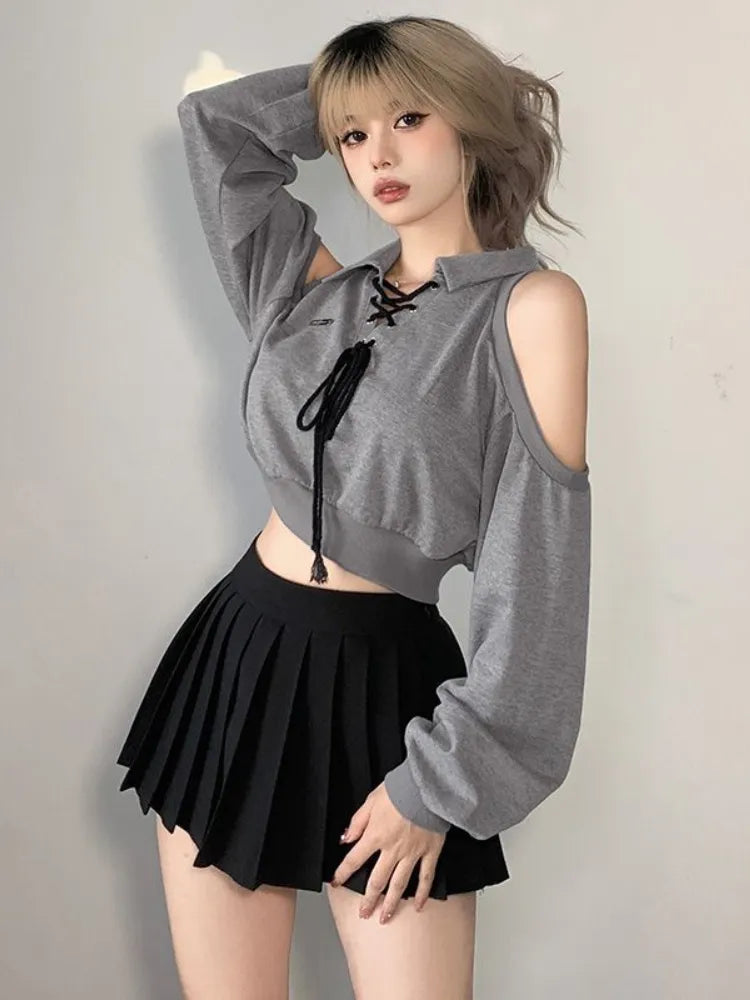 Getadme-Y2K Vintage Gray Cropped Hoodies Women Harajuku Sexy Off Shoulder Sweatshirts Korean Loose Casual Chic Tops Gothic Kpop