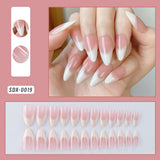 GETADME 24Pcs Almond Blue French Press On nails 3D Pearl Flower Medium Length False Nails Full Cover Artificial Acrylic Fake Nails Tips