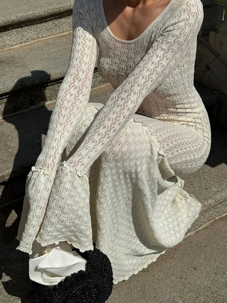 GETADME Sexy Women Dresses Knitted Hollow Out Maxi Dress Flare Sleeve Hip Bodycon Beach Dress Female 2024 Summer Lady Robe Long Vestidos