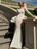 GETADME Sexy Women Dresses Knitted Hollow Out Maxi Dress Flare Sleeve Hip Bodycon Beach Dress Female 2024 Summer Lady Robe Long Vestidos