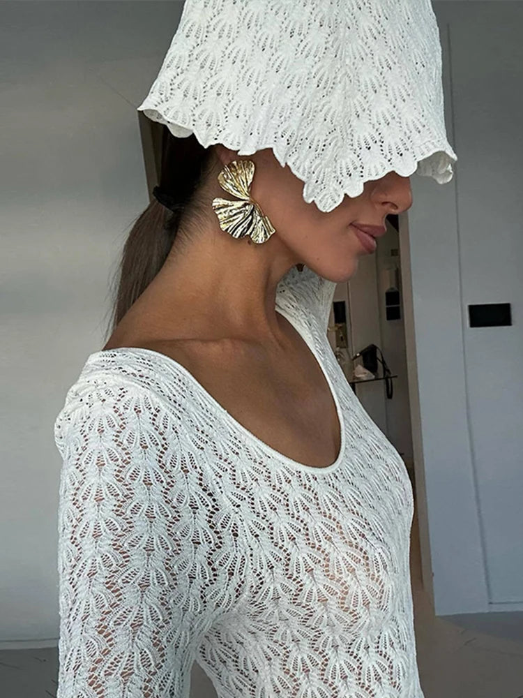 GETADME Sexy Women Dresses Knitted Hollow Out Maxi Dress Flare Sleeve Hip Bodycon Beach Dress Female 2024 Summer Lady Robe Long Vestidos