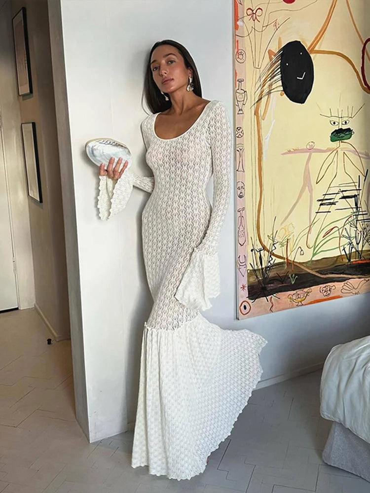 GETADME Sexy Women Dresses Knitted Hollow Out Maxi Dress Flare Sleeve Hip Bodycon Beach Dress Female 2024 Summer Lady Robe Long Vestidos