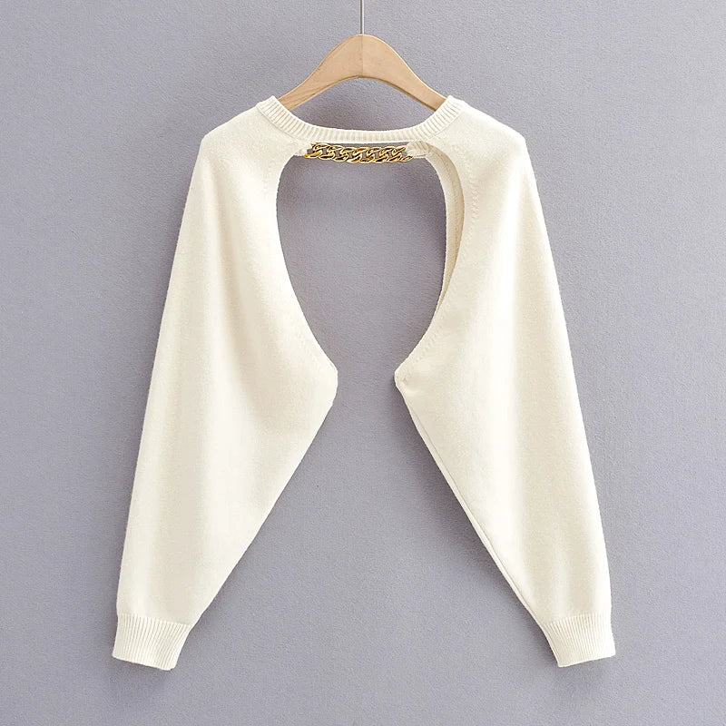 GETADME Sexy cropped cardigan knitted short cardigan sweaters for women fashion    cute tops korean style long sleeve top punk chain