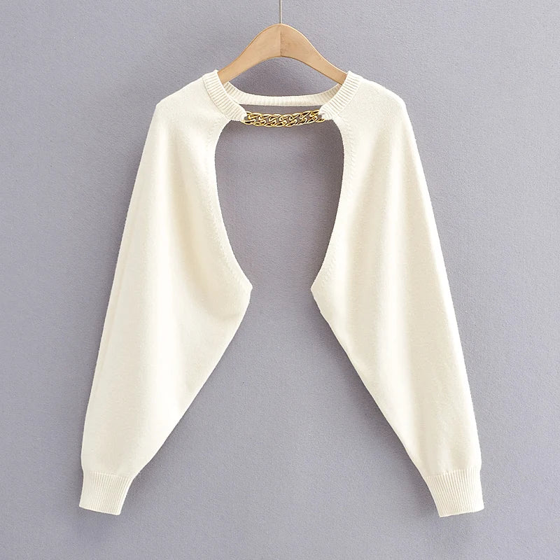 GETADME Sexy cropped cardigan knitted short cardigan sweaters for women fashion    cute tops korean style long sleeve top punk chain