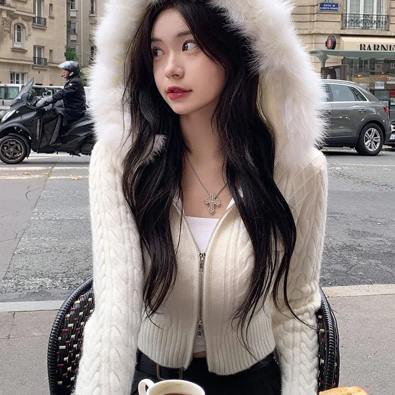 Korean Style Zip-up Cropped Sweater Cardigan Women Sweet Casual Basic Slim-fit Feathers Hooded Knitted Jackets Autumn