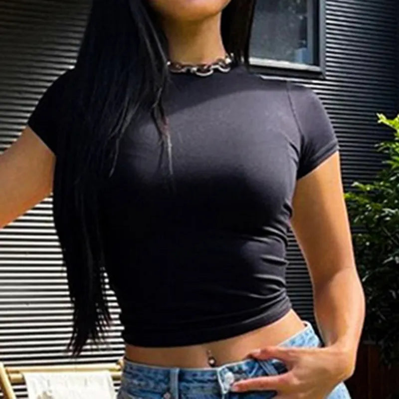 Getadme Y2K Casual Basic Skinny Summer Tee Shirt Women Short Sleeve Sheer Crop Top O Neck Slim Korean Streetwear T-shirts Clothes
