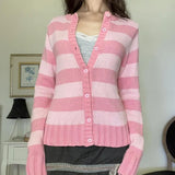 Getadme- Grunge y2k Fairycore Sweater Women Pink Striped Button Down Long Sleeve Cardigan Tops 2000s Aesthetic Knitted Clothes