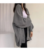 Getadme-Fall Winter College Style V-Neck Sweater Cardigan Single Breasted Loose Lantern Sleeve Knitted Cardigan Sweater Women