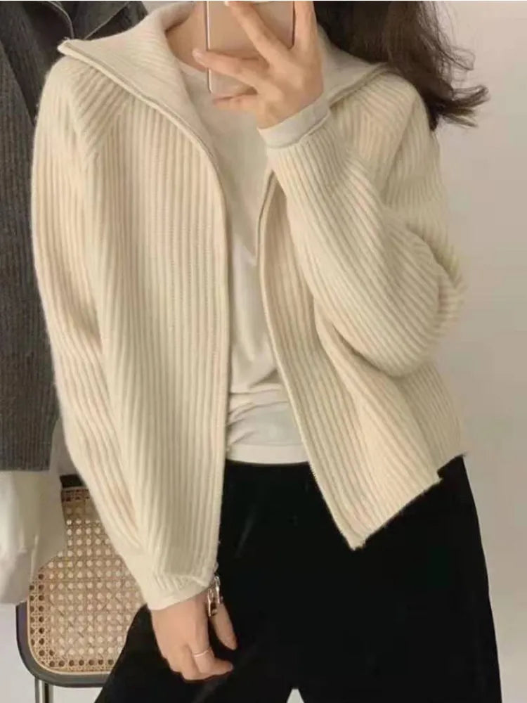 Getadme Casual Knitted Cardigan Sweaters Women Autumn Vintage Zip-up Solid Loose Long Sleeve Tops Knitwear Chic Kpop
