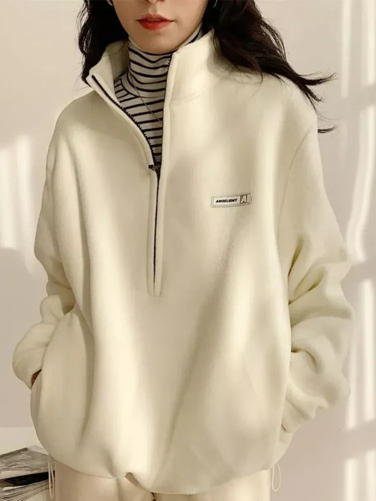Korean Warm Fleece Fluffy Zip Hoodies Women Casual Kpop Fashion Plus Velevt Sweatshirt Top 2022 Autumn Winter