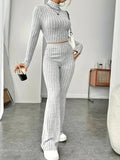 Getadme-Spring Knitted 2 Piece Sets Women Tracksuit Long Sleeve Vintage Sweater Crop Top Flare Pants Stretch Matching Suit Outfit