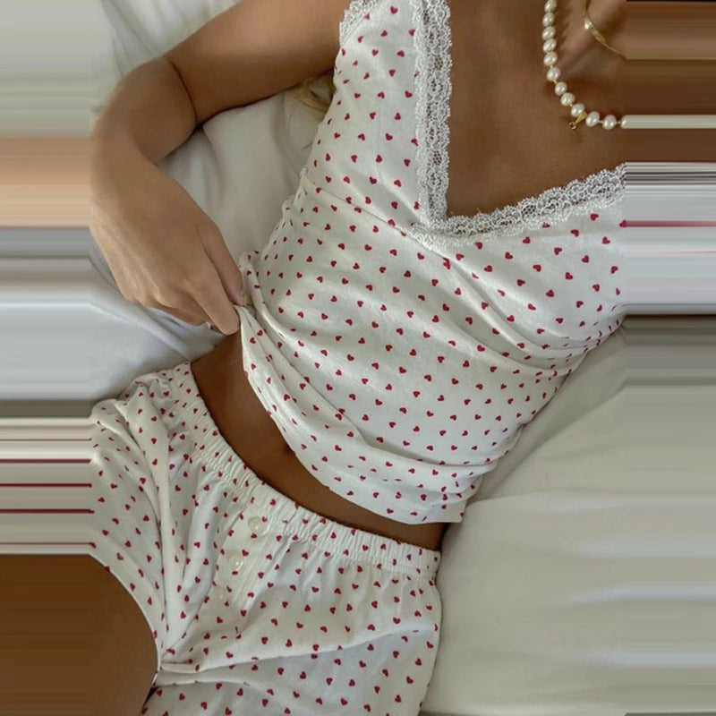 Getadme-2 Piece Set Women Loungewear Cute Sweet Heart Lace Trim V Neck Cami Tops + Casual Shorts Sleeveless Crop Tops Pajamas Homewear
