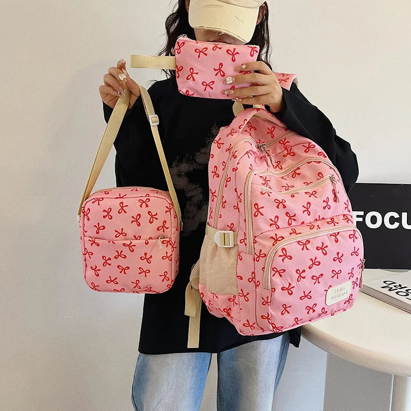 GETADME 3 Pcs/Set Cute Large Capacity Backpack For girl Bow Print Nylon School Bag Adjustable Strap women Travel Computer Backpack