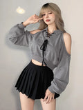 Getadme-Y2K Vintage Gray Cropped Hoodies Women Harajuku Sexy Off Shoulder Sweatshirts Korean Loose Casual Chic Tops Gothic Kpop