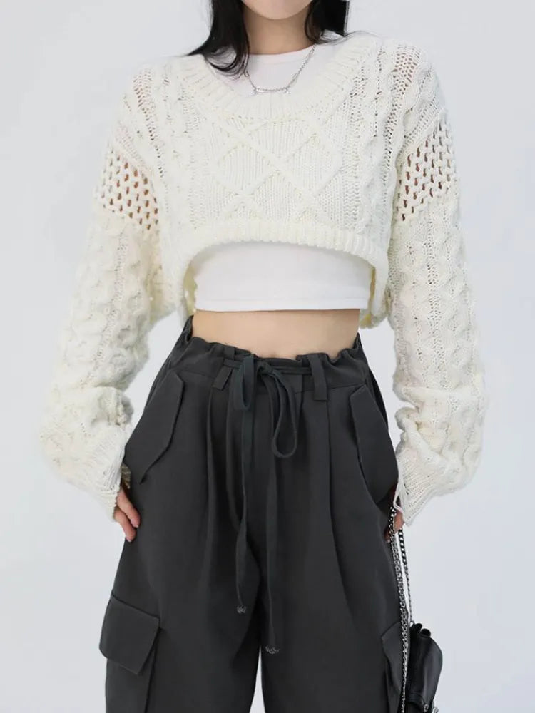 Getadme Early Autumn Hollow Out Short Jumper O-neck Long Sleeve Casual Sweaters Women Fashion Harajuku Solid Pullovers Femme Y2k Top