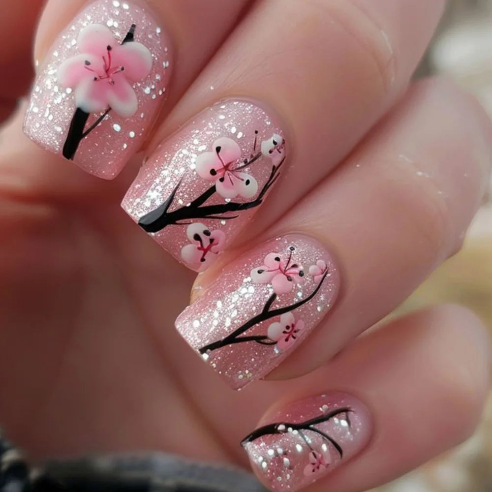 Getadme 24Pcs Short Square Head French False Nails Press on With Simple Flower Design Fake Nail for Woman Reusable Full Cover Nails Tips