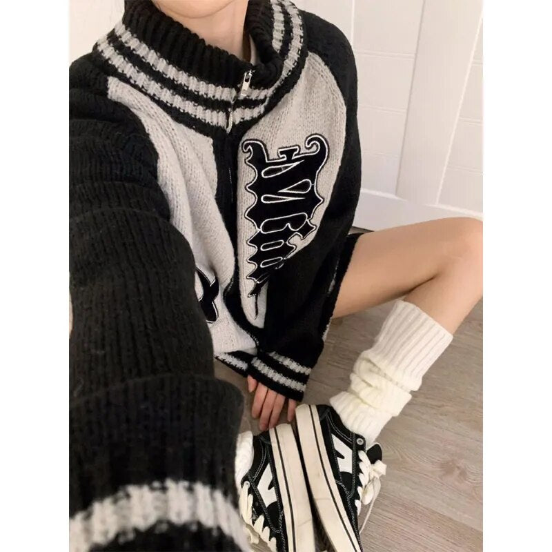 Getadme-Streetwear Y2k Zip Sweater Cardigan Women Retro Grey Striped Patchwork Oversize Letter Jumper Korean Style Knitted Top